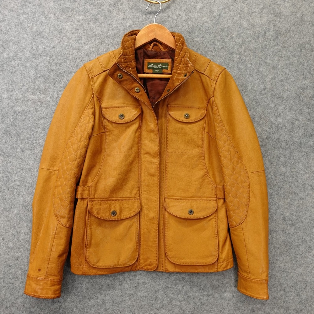 Eddie Bauer Leather Jacket Womens‎ XS Aviator Cognac Brown Quilted Moto $399